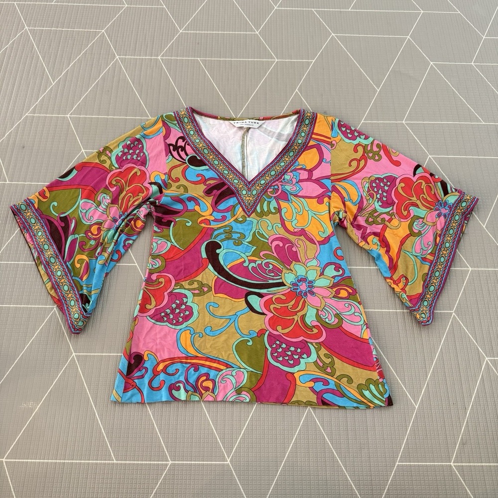 Trina Turk Blouse Size P Colorful‎ Mod Print Viscose Rayon Short Sleeve Flowy